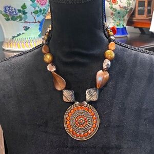 Bohemian Statement Necklace with Orange Wood Beaded Pendant